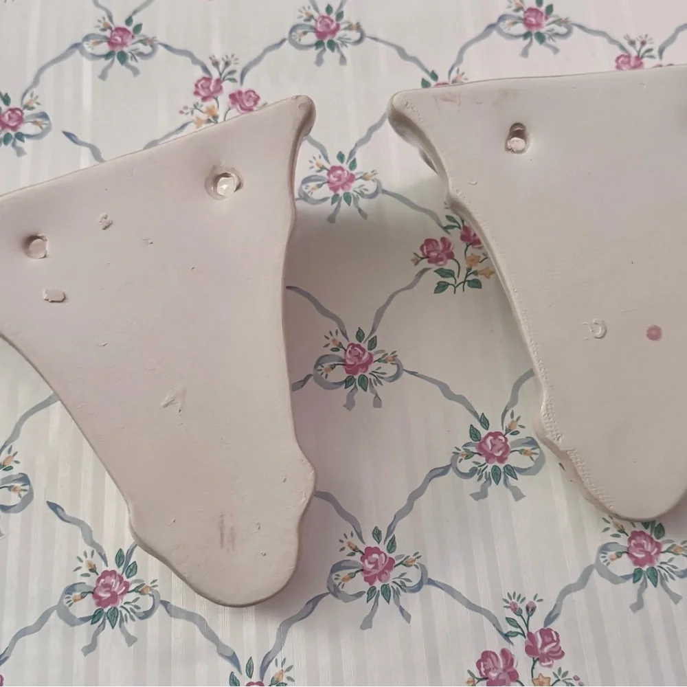 Pink Rose Ceramic Wall Pockets with Blue Ribbon Accents NOS